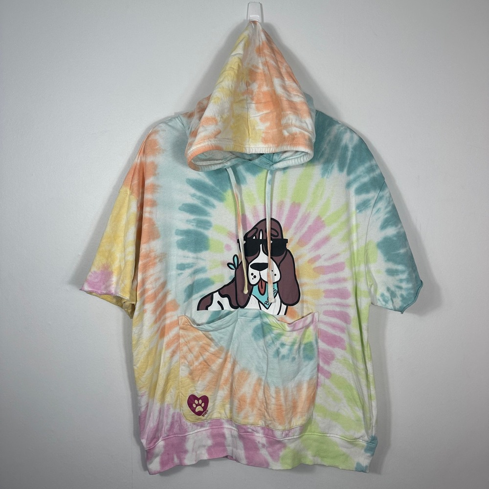 Skechers BOBS Tie Dye Dog Graphic Short Sleeve Hoodie Pullover Cotton XL